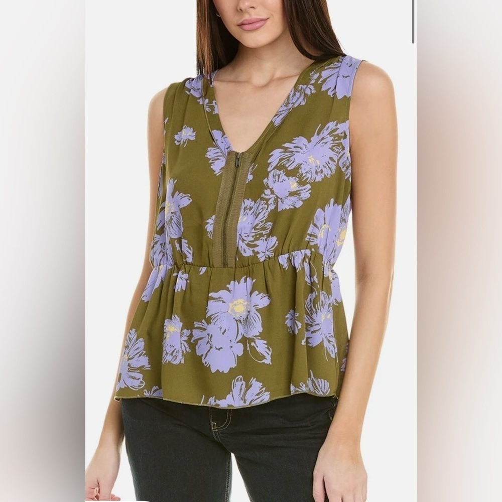 Cabi Sleeveless Peplum Floral Blouse. Exposed Zipper | V Neck Hawaiian Sz-M